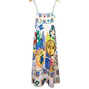 Le Soleil Graphic High Empire Waist Dress Pockets Sz S Whimsical Boho Folk Art